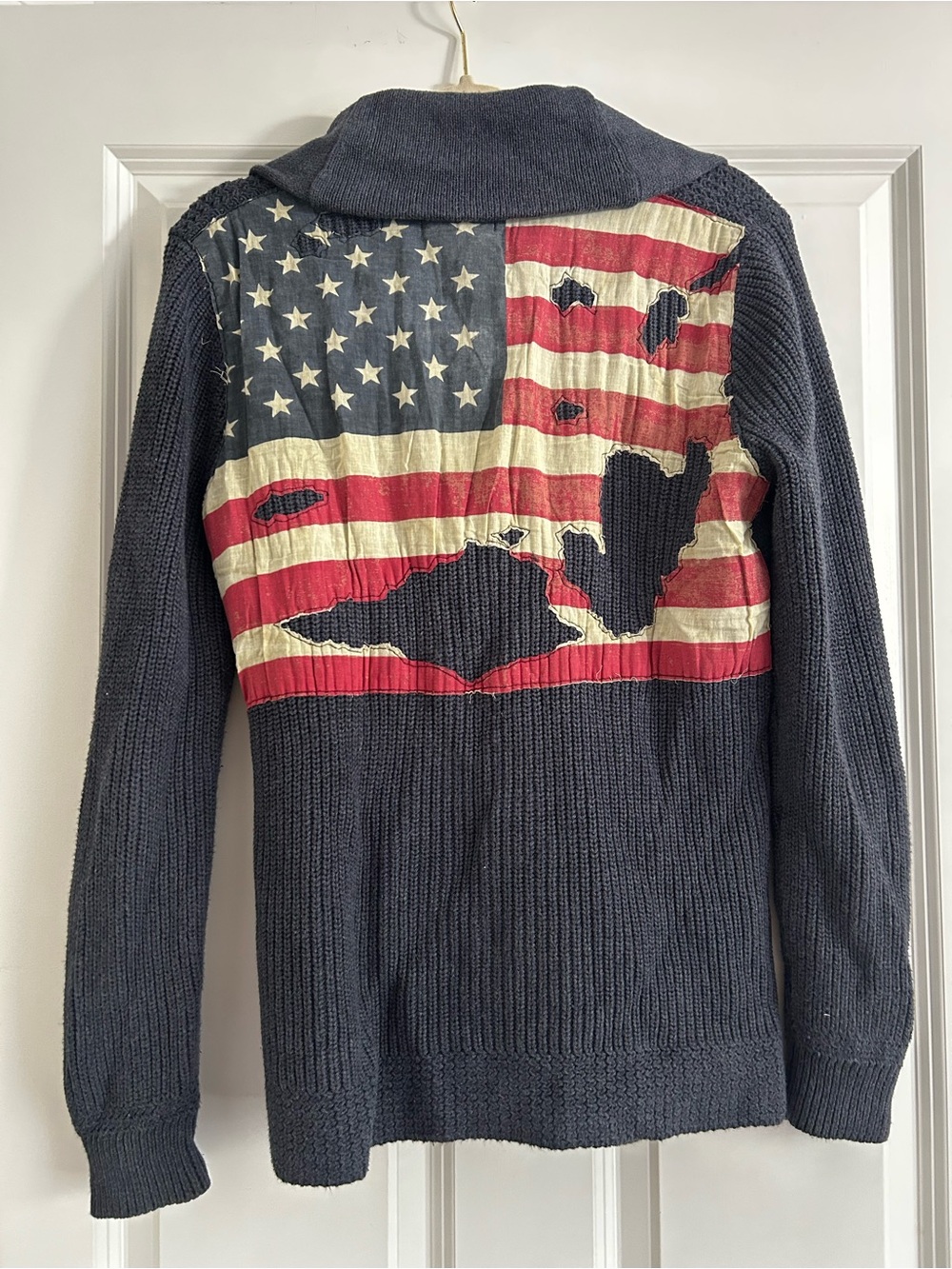 Denim & Supply Ralph Lauren Navy Knit Cardigan with Distressed Flag Back